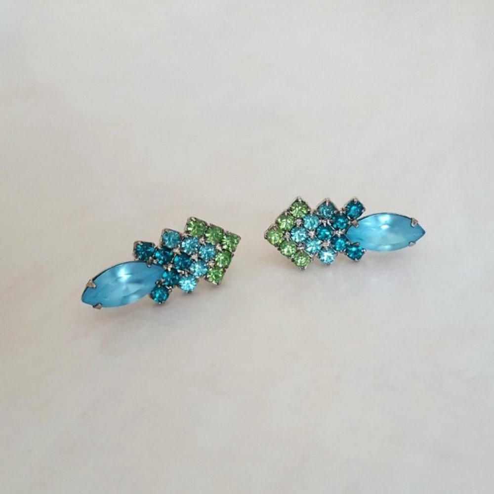 Vintage Blue Green Crystal Clip Ons